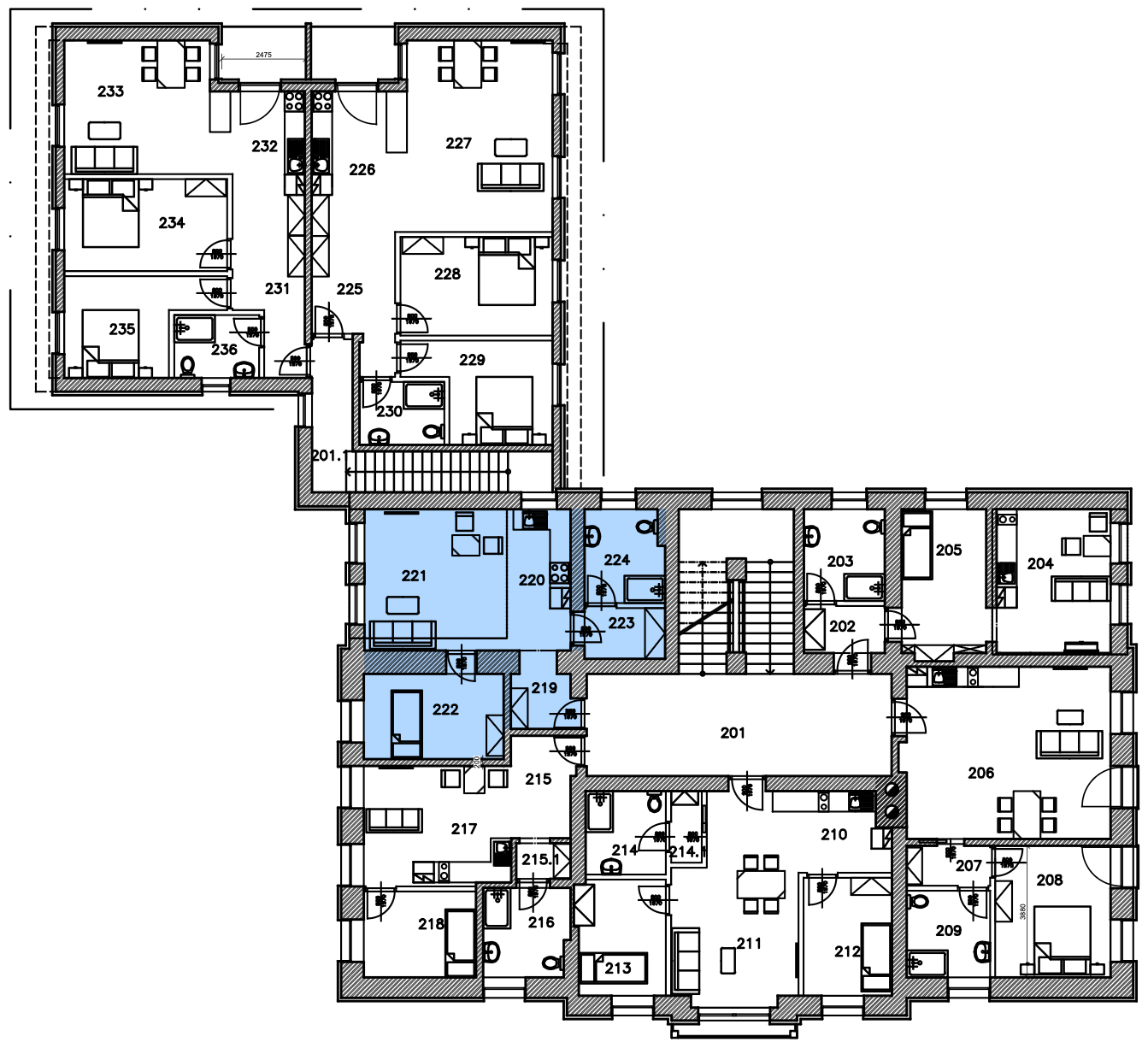 Umístění v patře · Apartmán J